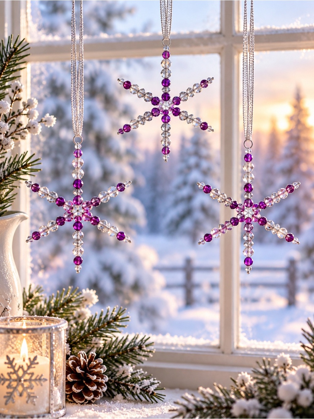 Snowflake Christmas Tree Ornaments Window Charms Set of 3 Handmade